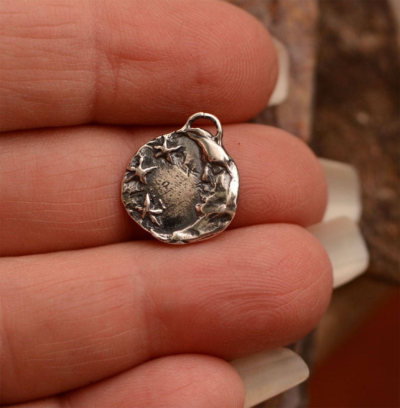 Moon and Stars Charm, Artisan Sterling Silver image 3