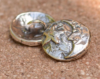 Moon and Star Artisan Button in Sterling Silver, CatD-337 (ONE)
