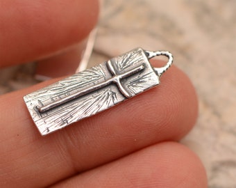 Sterling Silver Cross Charm, Artisan Rustic Cross CatD-738 (ONE)