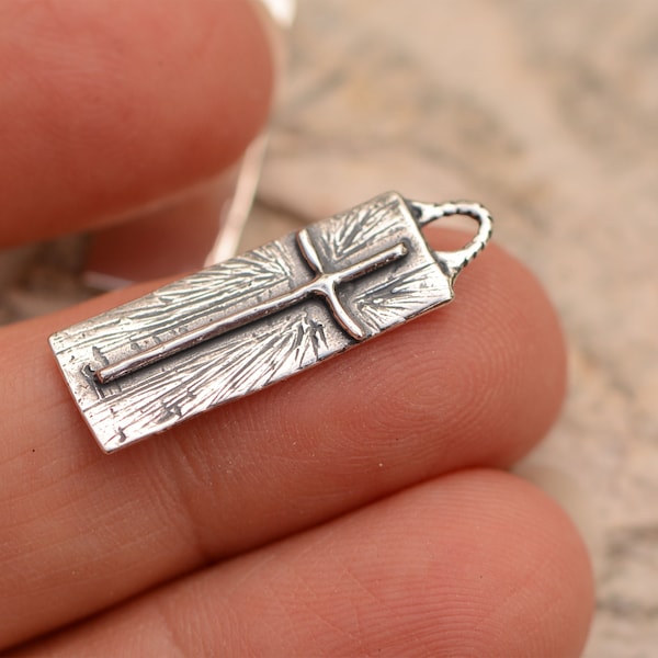 Sterling Silver Cross Charm, Artisan Rustic Cross CatD-738 (ONE)