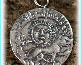 Coin Sterling Silver Old World Charm, Sun Facing Coin, Lion Coin