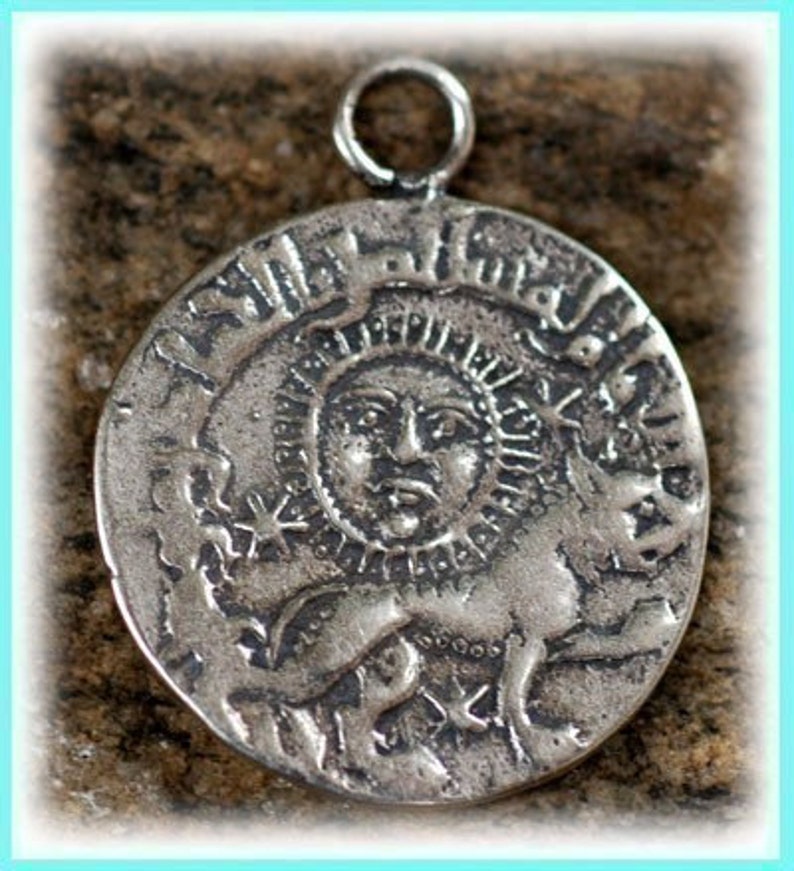 Coin Sterling Silver Old World Charm, Sun Facing Coin, Lion Coin image 1