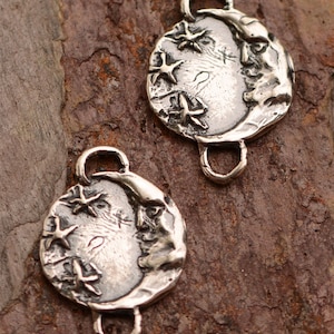 Sterling Silver Moon Face and Stars Chain Links, Connectors (Set of 2)