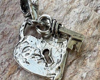 Rustic Artisan Heart with Key and Bail Pendant in Sterling Silver