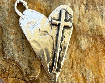 Sideways Cross on Heart,  Sterling Silver Heart with Cross,  SS-730