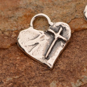 Tiny Sterling Silver Cross on Heart Charm, Artisan Made, SS-811