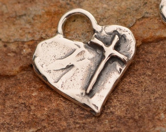 Silver Cross on Heart, Sterling Silver Tiny Heart with Cross, CatD-811, (Just ONE)