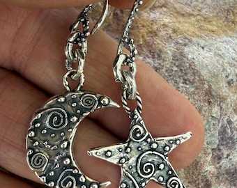 Artisan Moon and Stars Earrings, Sterling Silver
