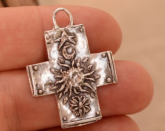 Artisan Cross with Sun, Moon, Star and Flower, Sterling Silver, CatD-1054