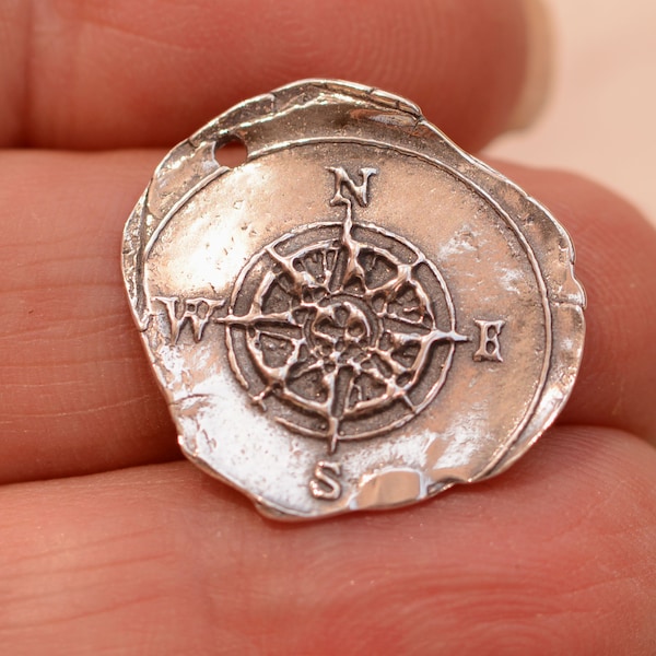 Artisan Compass Charm // Wax Seal Compass Charm // Sterling Silver Wax Seal CH-17 (ONE)