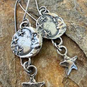 Moon and Stars Earrings, Sterling Silver, Fancy French Hooks or Leverbacks