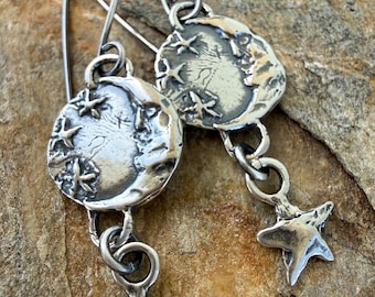 Moon and Stars Earrings, Sterling Silver, Fancy French Hooks or Leverbacks