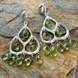 Artisan Triangular Scalloped Chandelier Earrings with Peridot  gemstones, Sterling Silver