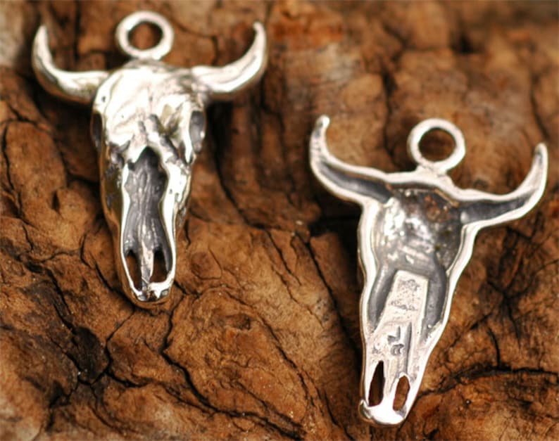 May include: Two silver bull skull charms with a detailed design. The charms have a loop at the top for attaching to a necklace or bracelet.