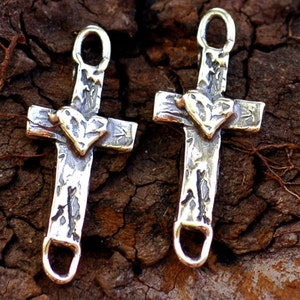 Cross with Heart Link or Charms in Sterling Silver, CatD-51 (Set of 2)