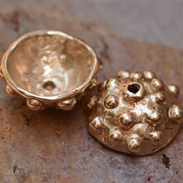 Two Rustic Dotted Bead Caps in  Gold Bronze