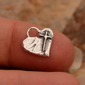 Silver Cross on Heart, Sterling Silver Tiny Heart with Cross, SS-811, (Just ONE)