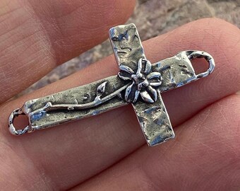 Artisan Cross Link with Flower in Sterling Silver, R-696