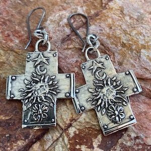 Artisan Cross Earrings with Sun, Moon, Stars in Sterling Silver