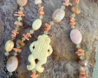 Pink Peruvian Opal, Prenite and Salmon Coral with Bone Carved Frog, Necklace 28-29”