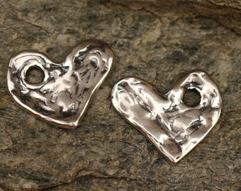 Heart Dangle Charms in Sterling Silver, Rustic Artisan Hearts, CatD-21 (Set of 2)