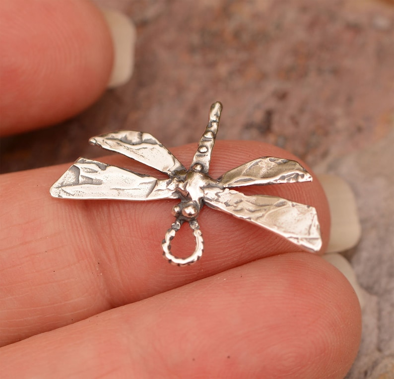 May include: A silver dragonfly charm with a textured finish. The charm has a loop at the top for attaching to a necklace or bracelet.