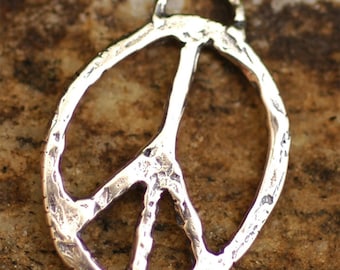 Sterling Silver Peace Pendant, Rustic Oval Peace Charm, SS-132