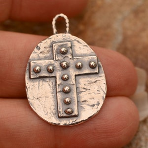 Silver Cross Pendant, Artisan Dotted Cross Medallion, R-791