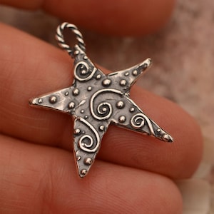 Silver Star Charm, Artisan Sterling Silver Star with Spirals, CatD-798 ONE image 1