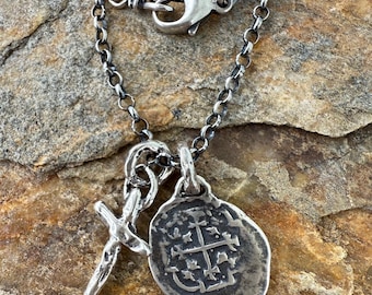 Spanish Coin and Cross Necklace, Oxidized Rolo Chain, ALL Sterling Silver, 39-10336