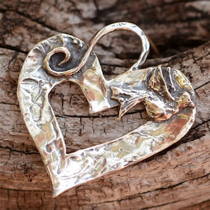 Artisan Open Heart with Dove Bird in Sterling Silver Pendant, Never Give Up Heart