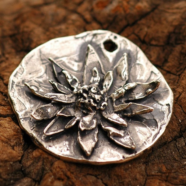 Artisan Lotus Flower Pendant in Rustic Sterling Silver, Zen Pendant, Yoga Jewelry, Water Lily, CatD-41