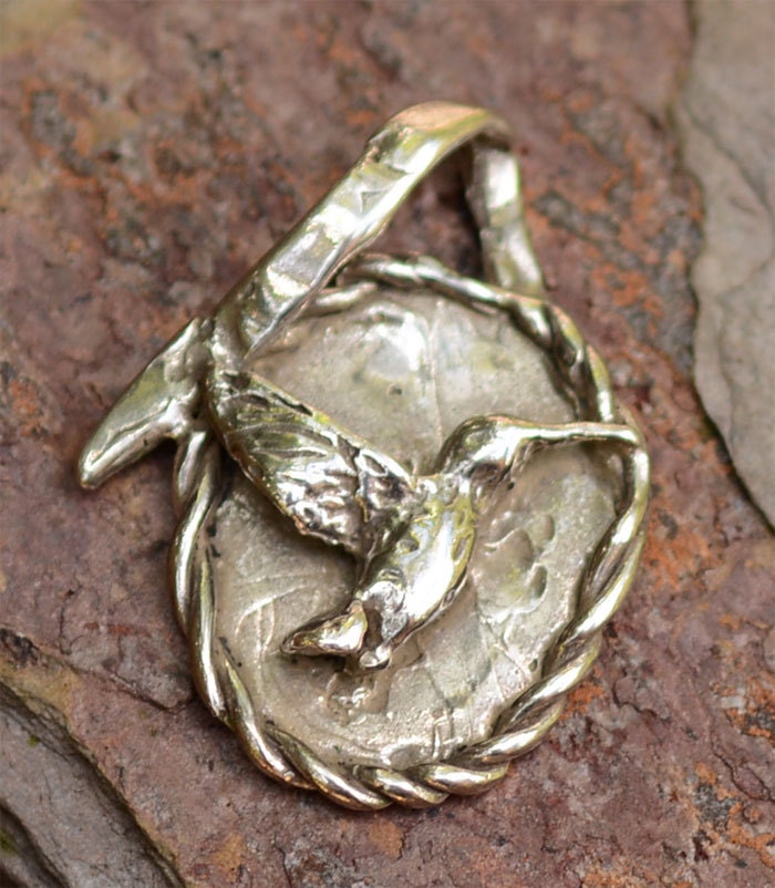 Artisan Hummingbird Pendant in Sterling Silver, Rustic Bird