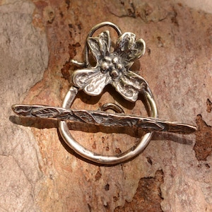 Artisan Flower Toggle with Leaf Bar, Sterling Silver Handcrafted Clasp