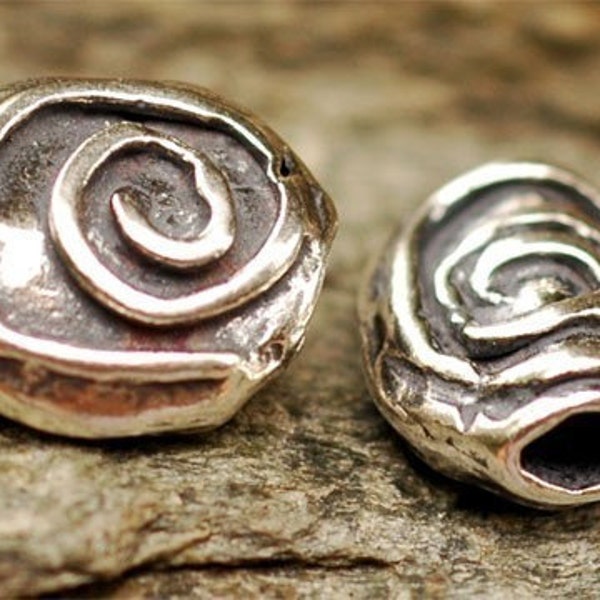 One Artisan Spiral Sterling Silver Bead, Oval Shaped Bead, Swirly Bead