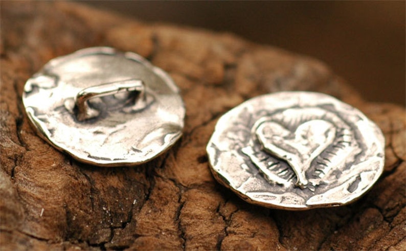 Artisan Heart on Circle Button in Sterling Silver, CatD-44, Heart Button, Artisan Made Buttons image 2