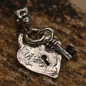 Rustic Artisan Heart with Key and Bail Pendant in Sterling Silver