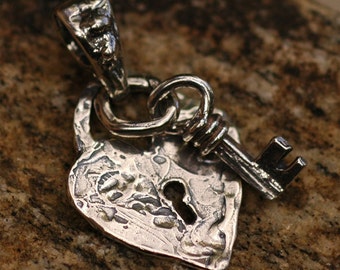 Rustic Artisan Heart with Key and Bail Pendant in Sterling Silver