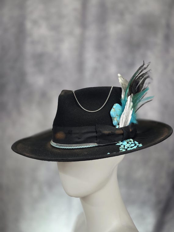Distressed Black Wool Fedora With Silver Chain & Turquoise  display picture 2