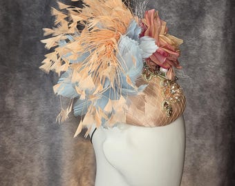 Tocado azul y melocotón para mujer / Sombrero de boda, Derby Races, Tocado Ascot
