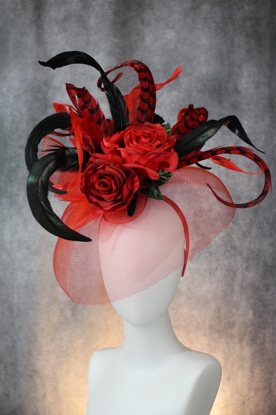 Elegant Red Rose and Feather Fascinator Hat – Derby, Wedding  display picture 2