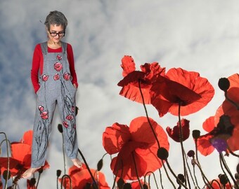 Sizes S-4X Poppy Fields Forever - Hand Painted Overalls, fair trade cotton art bibs