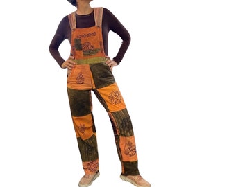 Sizes XS to 4X - Straight Leg Overalls in Nepalese Printed and Dyed Patchwork Cotton - Autumn Colors,