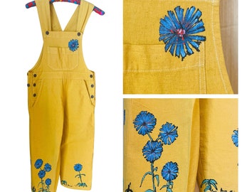 XS-S - Chicory Wild flowers - Hand Painted One of a Kind Overalls - cropped leg Marigold Yellow Romper