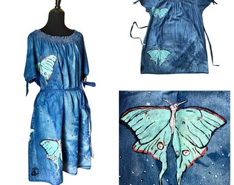 Plus Size - NIGHT FOREST - Upcycled Denim shift dress with handpainted Luna Moths and Plant Prints