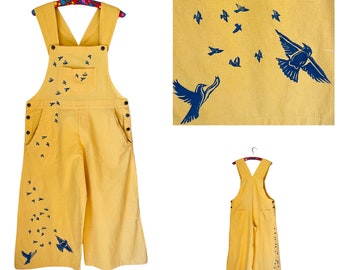 M/L Wide leg  - Blue Bird Bibs - Hand Printed One of a Kind Bib Romper flared leg overalls