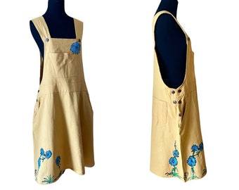 Size Large - Chicory Wildflowers -  Yellow Bib Dress - Handpainted Wearable Art