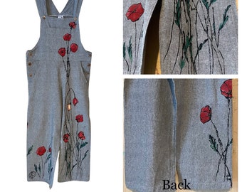 Size XS - Red Poppies - One of a Kind Painted Bib Overalls