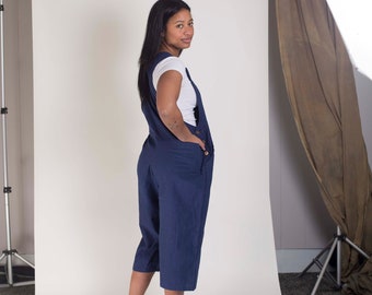 PLUS SIZES  2X-4X - Dark Blue Cropped Bib Rompers - Fair Trade woven cotton overalls