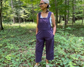 Size XS-L/XL - Purple Bib Overall Romper with cropped legs, Rich medium weight woven cotton - fair trade clothing